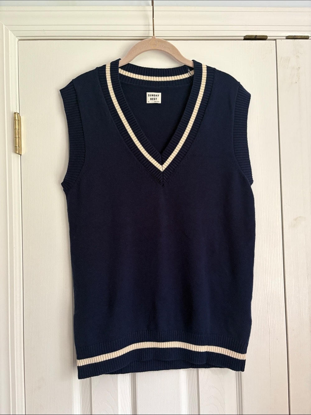 Wool & Cotton Sunday Best Navy V-Neck Sweater Vest with Cream Trim